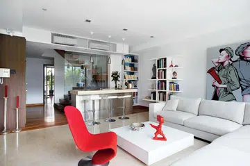 living room, kitchen top, red, electric, modern