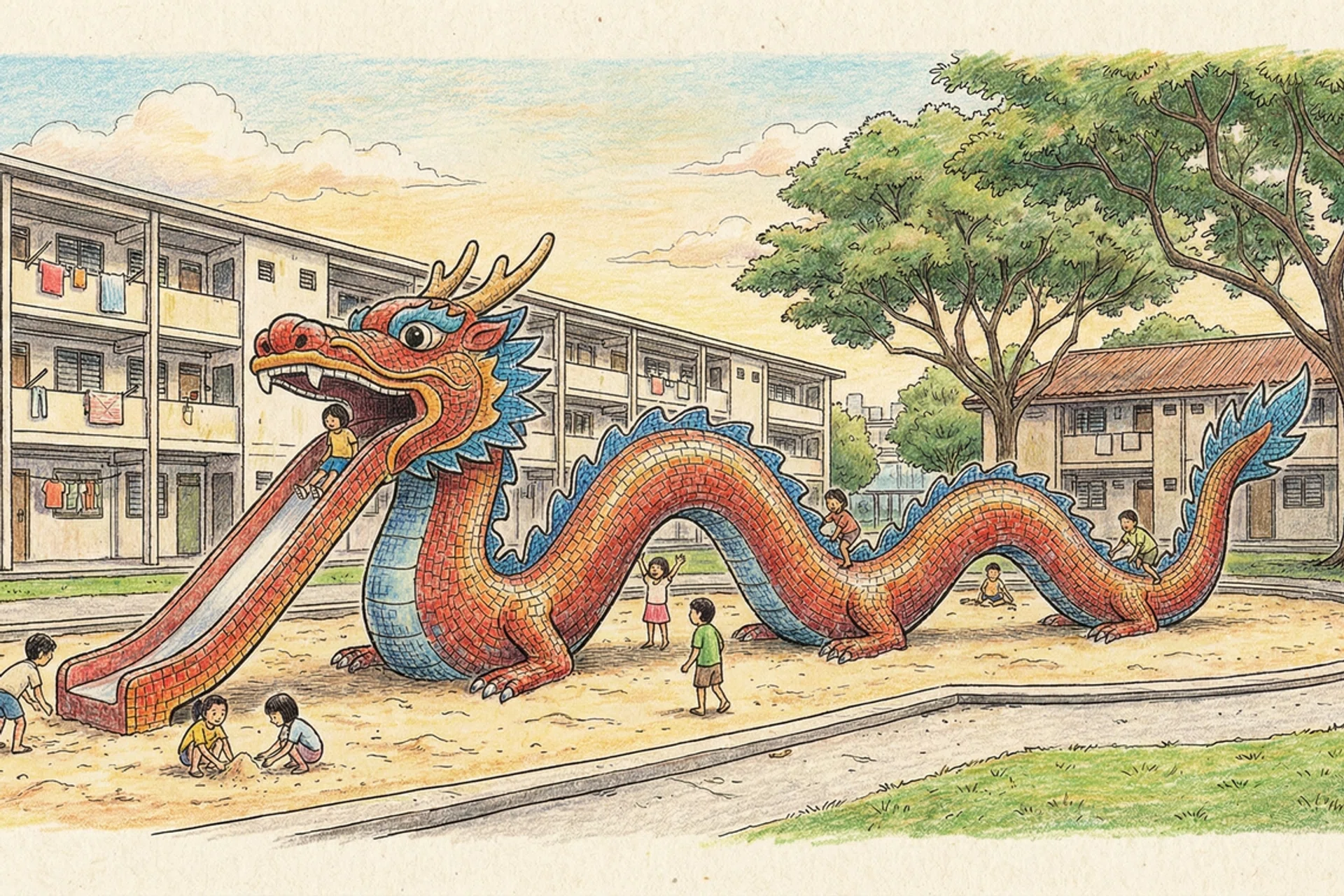 A drawing of The Iconic Main Dragon playground at Toa Payoh Lorong 6.