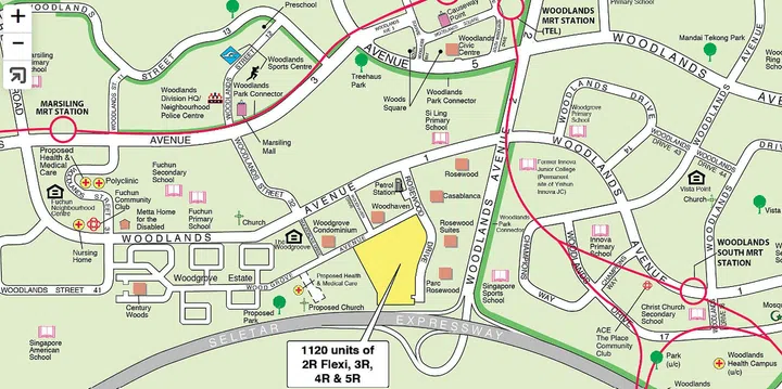 February 2024 HDB BTO launch exercise map of Woodlands' Woodgrove Avenue BTO site. Map from HDB