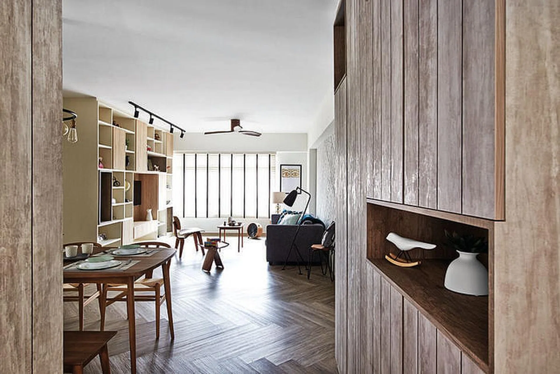 Entrance aisle into a 5-room HDB flat in Sengkang with a $90,000 renovation to achieve a Scandinavian-style interior design.