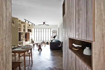 Entrance aisle into a 5-room HDB flat in Sengkang with a $90,000 renovation to achieve a Scandinavian-style interior design.