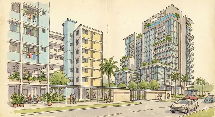 A drawing illustration. of a few condominium apartments and HDB apartment buildings side by side