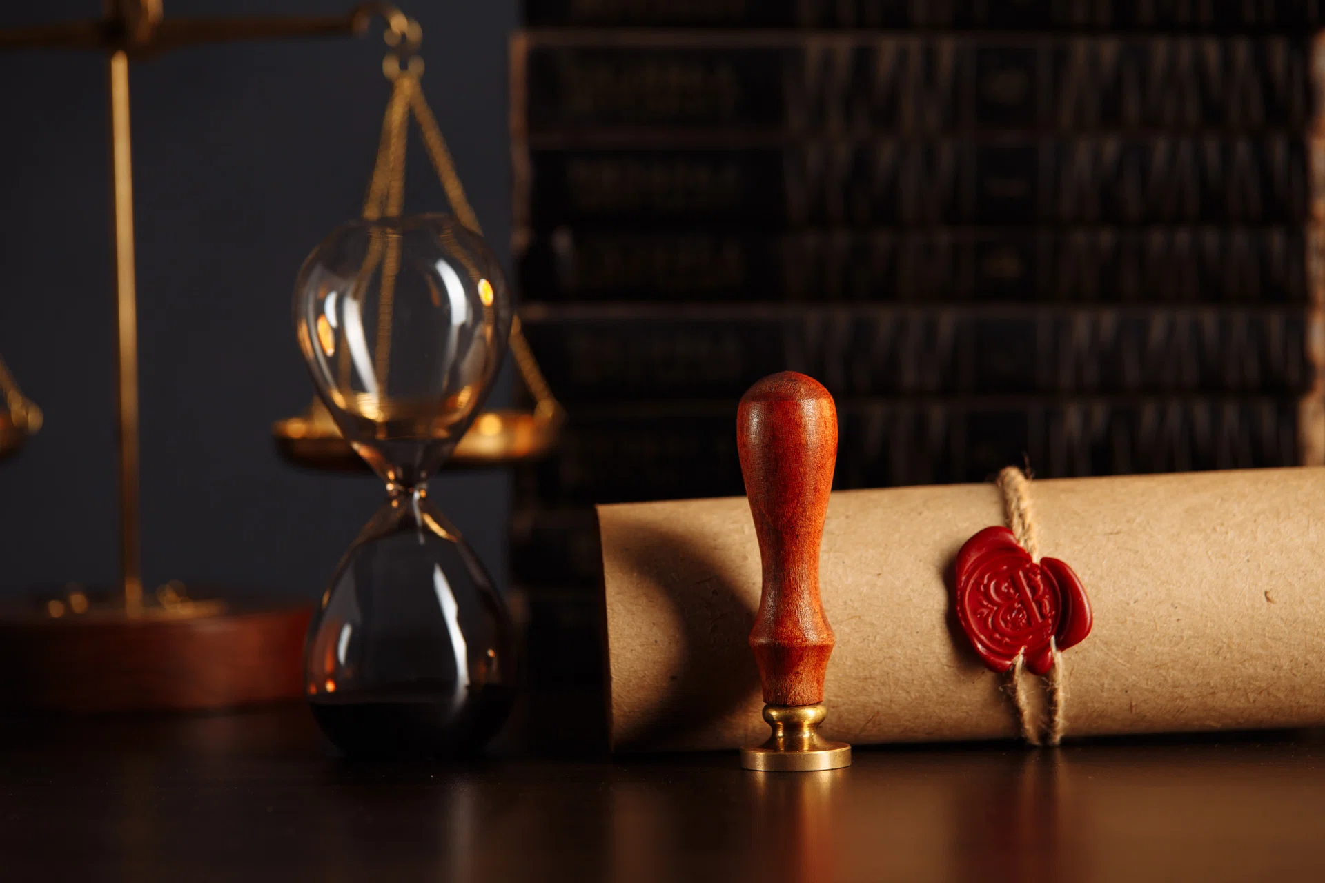 Wooden gavel, hourglass, books and stamp on testament and last will on wooden table.