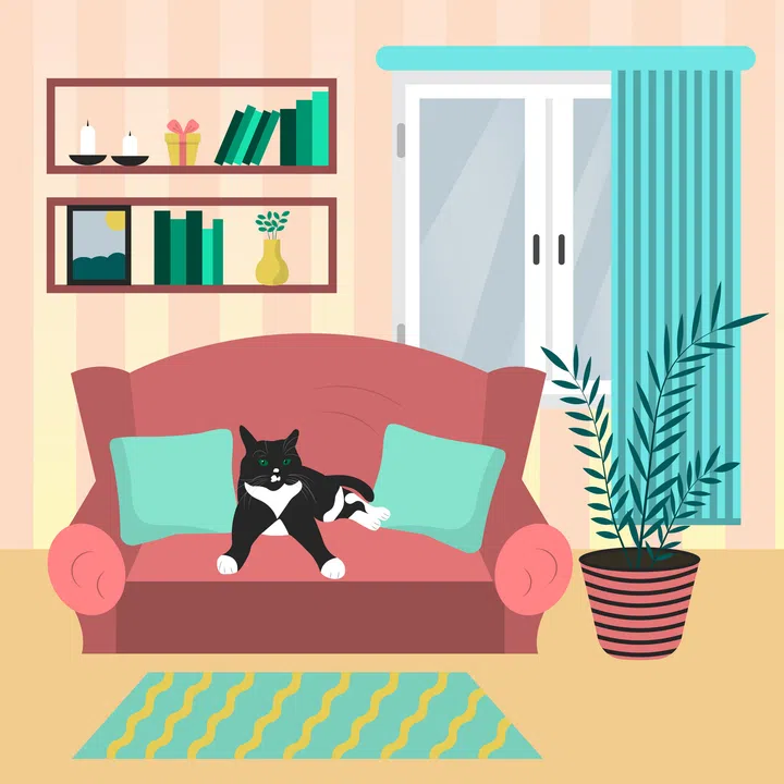 Cute cat sitting on the sofa in the living room. Vector illustration.