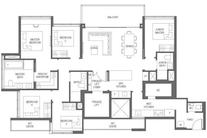 Sora condo 5-bedroom luxury (type E1) floor plan spanning 156 sqm.