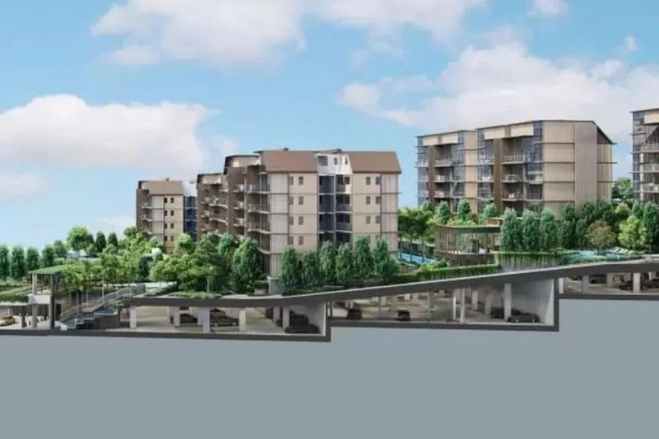 Artist's impression of a cross-section view of Terra Hill condo showing the basement carparks.