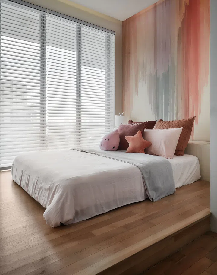 The pink salmon colour and platform bed are perfectly suited for a young girl’s bedroom, balancing fun, function and aesthetics.