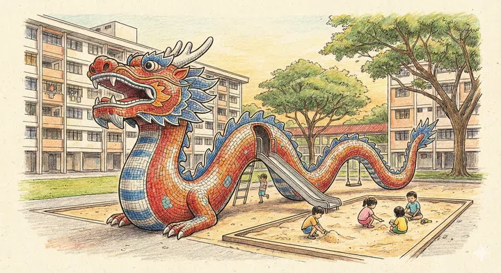 A drawing illustration of The Iconic Mosaic Dragon playground at Toa Payoh Lorong 6.