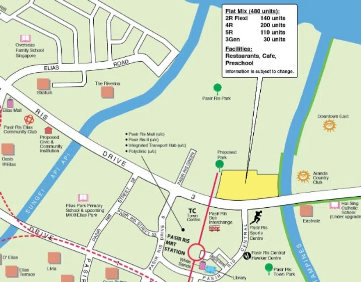 Map showing the location of Costa Riviera I & II HDB BTO estates, launched in the October 2024 BTO sales exercise.