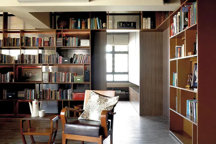 library, books, room, decor, items, modern, brown, four room