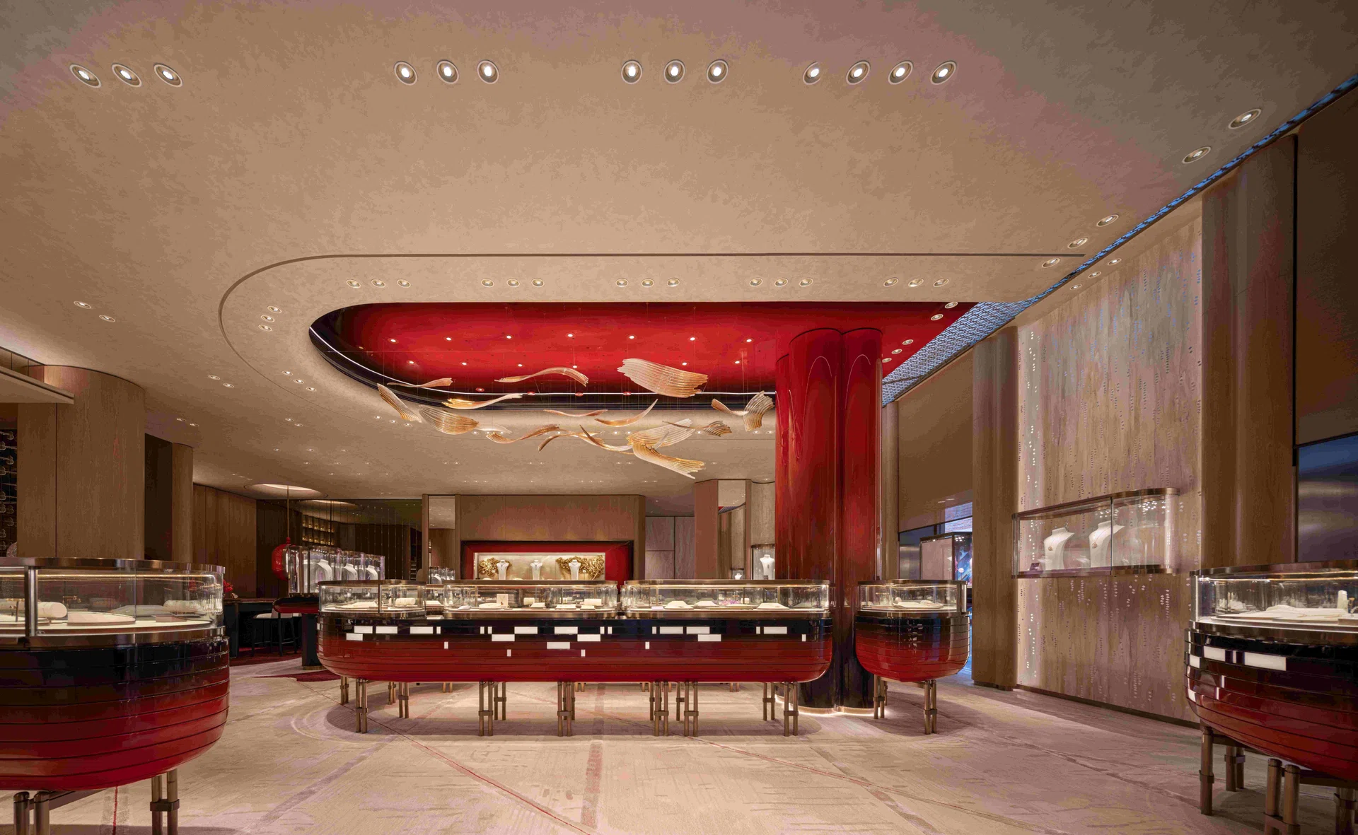 On the ground floor, a high-gloss red lacquer ceiling anchors the room, illuminated by a custom Sans Souci crystal chandelier designed to mirror sunlight filtering through a bamboo grove.