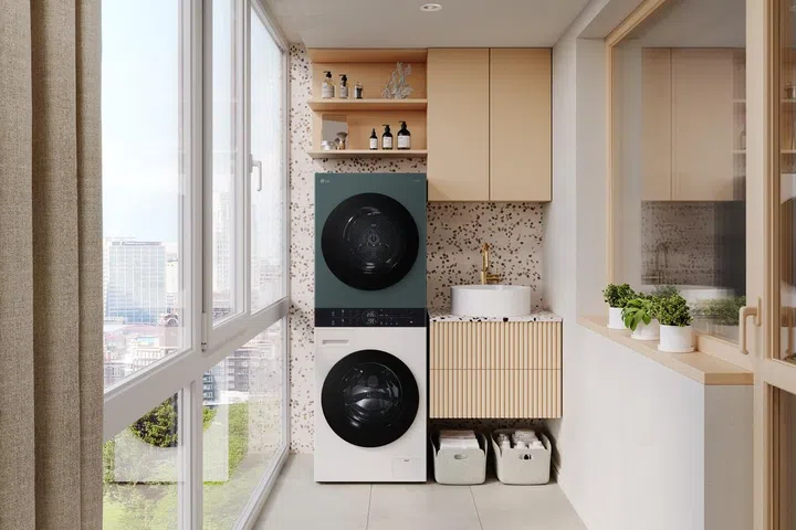 LG’s WashTower fits beautifullly into the utility area of an apartment home. 