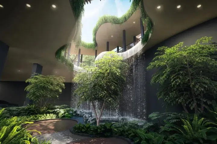 Artist's illustration of a waterfall within Kassia Condo.
