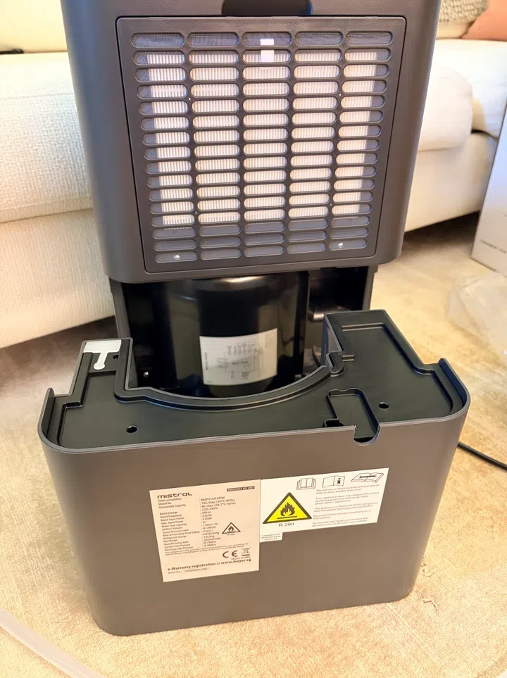 I am pretty satisfied with the water tank capacity for the Mistral ÉlanPure 5-in-1 Smart Dehumidifier & Air Purifier (product code number MDH1603DW). It’s big enough to last for a day or two, and nifty enough so I can bring it out to water my plants or wash the balcony floors.