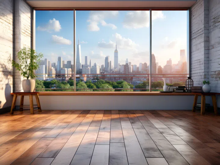 Spacious room with panoramic window overlooking a cityscape at dusk. Interior and tranquility concept. Generative AI