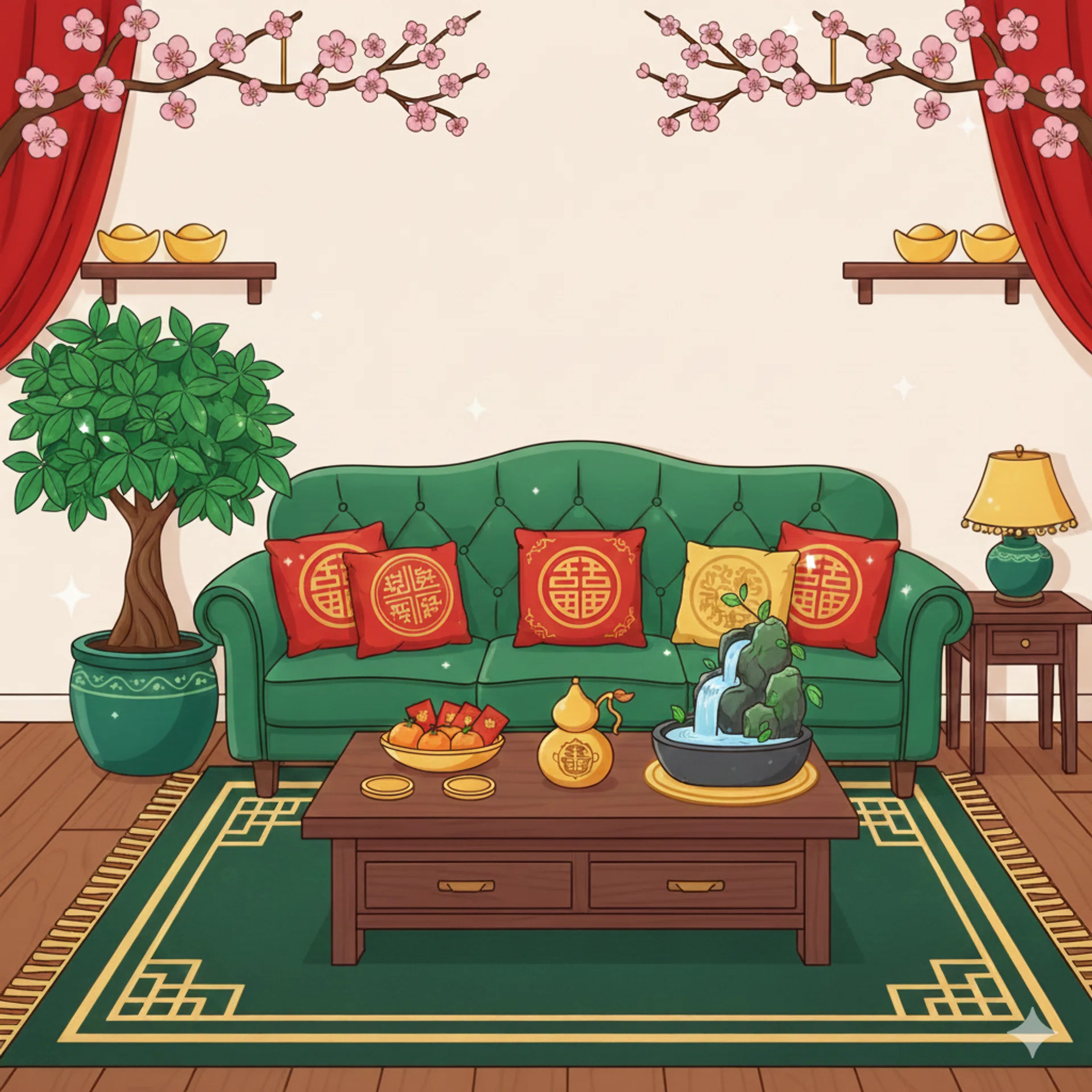 A drawing illustration of a living room decked out in chinese new year decorations.