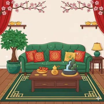 A drawing illustration of a living room decked out in chinese new year decorations.