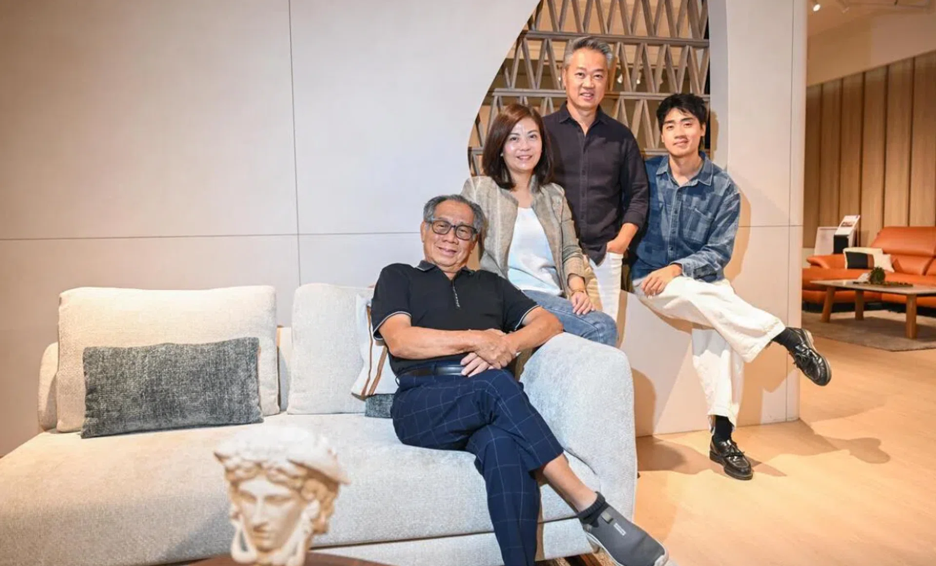 The family behind Cellini includes founder-chairman Tan Cheng Whatt; his daughter and group marketing director Janice Tan; son-in-law and group managing director Jason Hong; and grandson Tyrus Hong, who joined the company in June as a product designer. The founder is seated on the Evita modular sofa.