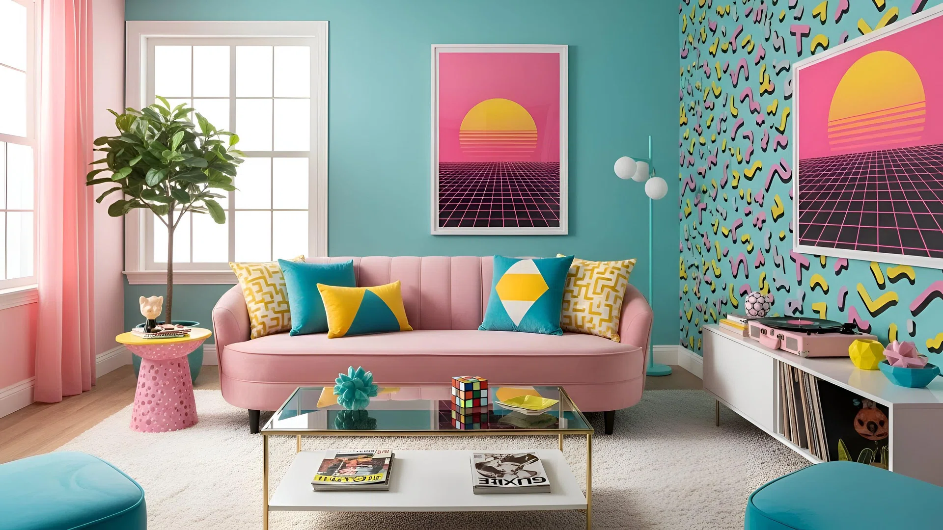 Interior of children’s room with pink sofa 3d render illustration.