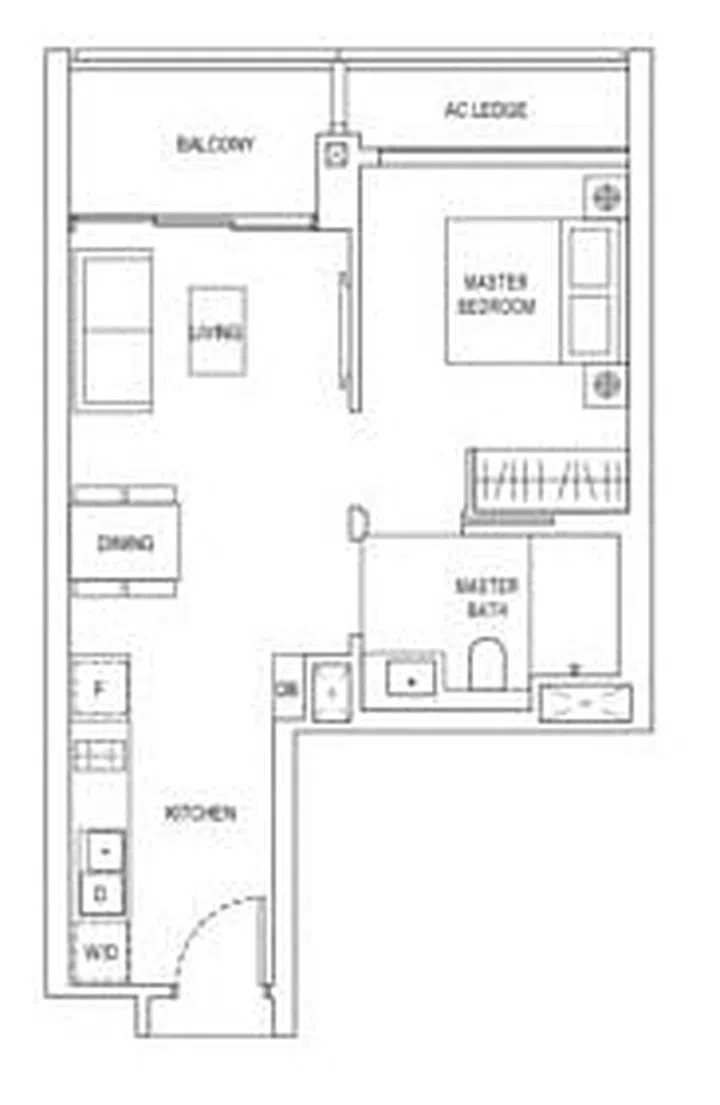 Jadescape condominium floor plan for Type A 1-bedroom spanning 49sqm or 527 sq ft. Image from official Jadescape website