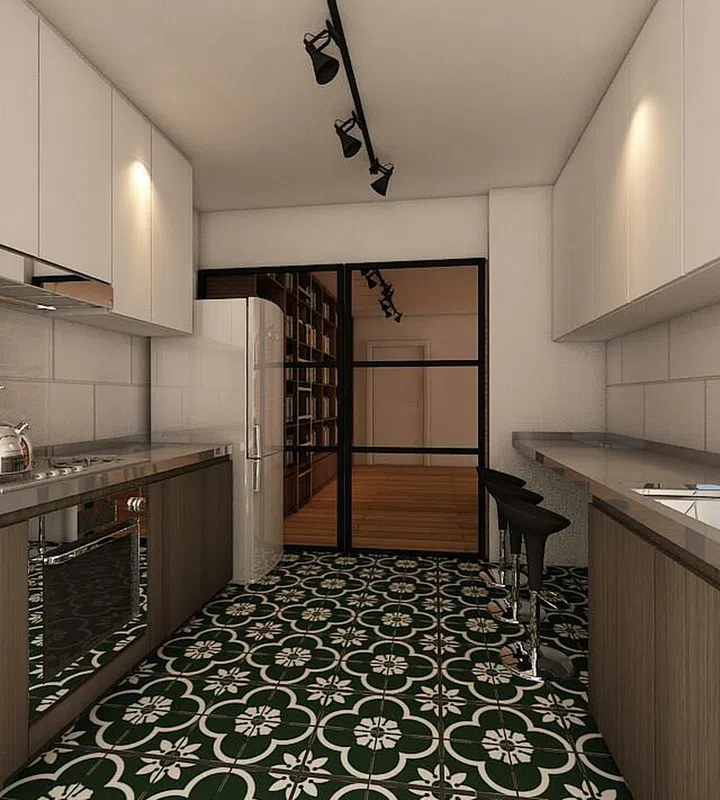Black and white Peranakan floor tiles in this minimalist white and wood kitchen. Interior design by Aster by Kyra.