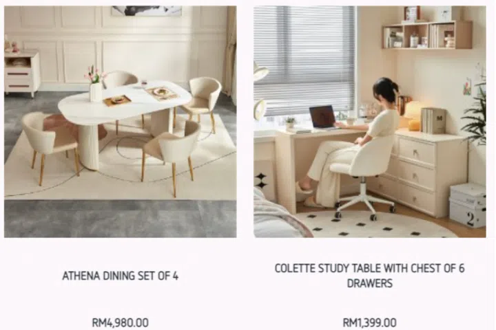 MUMU Living Athena Dining Set of 4 (MYR 4,980 / ~S$1,503) and Colette Study Table With Chest of 6 Drawers (MYR 1,399 / ~S$422)