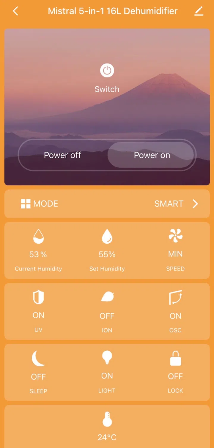 Mobile app for the Mistral ÉlanPure 5-in-1 Smart Dehumidifier & Air Purifier (product code number MDH1603DW).