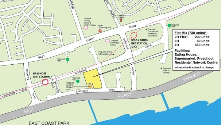 Map showing the location of Bayshore Vista HDB BTO estate.