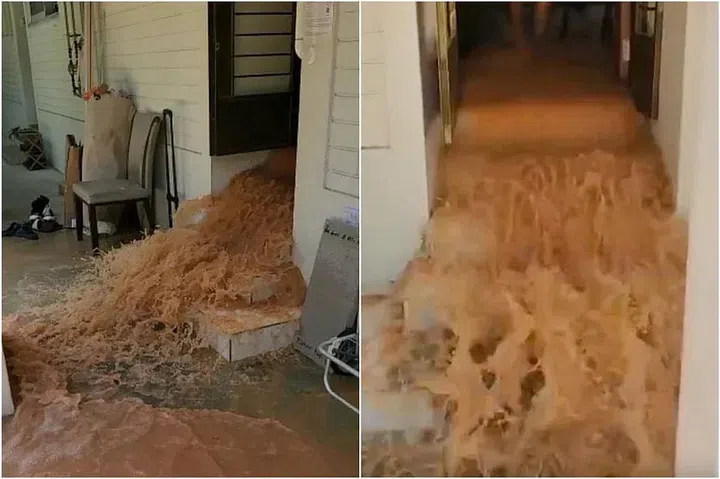 Ms Anita Rahim said the water only stopped flowing out of her drains at about 4pm, almost three hours after it first started. PHOTOS: COURTESY OF ANITA RAHIM