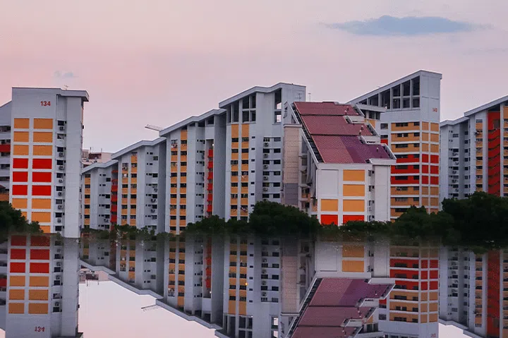Mirror reflection of HDB blocks in Singapore.