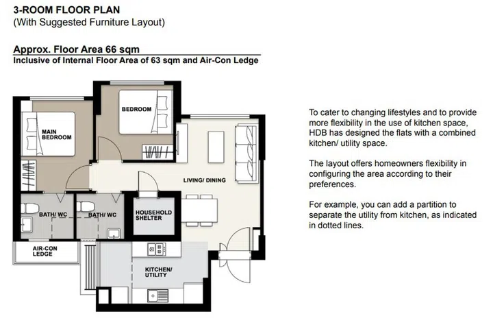 Ghim Moh Natura BTO 66 sqm 3-room floor plan.