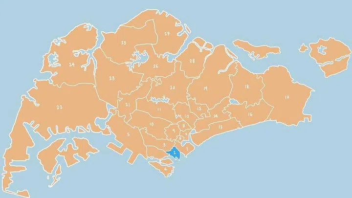 Illustrated map showing District 02 - Tanjong Pagar, Chinatown, Anson Road, Shenton Way in Singapore.
