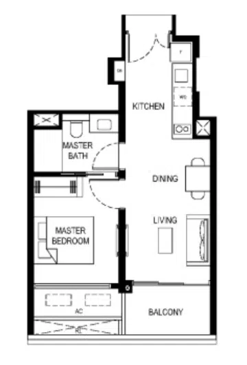 Lentor Central Residences 1-bedroom (type 1a) 43sqm floor plan.