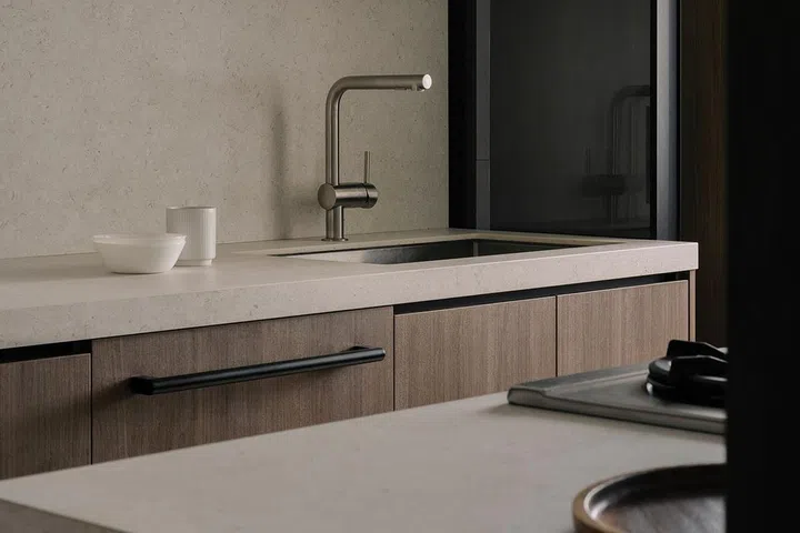 Dark kitchen colour theme in a 4-room HDB in Punggol.