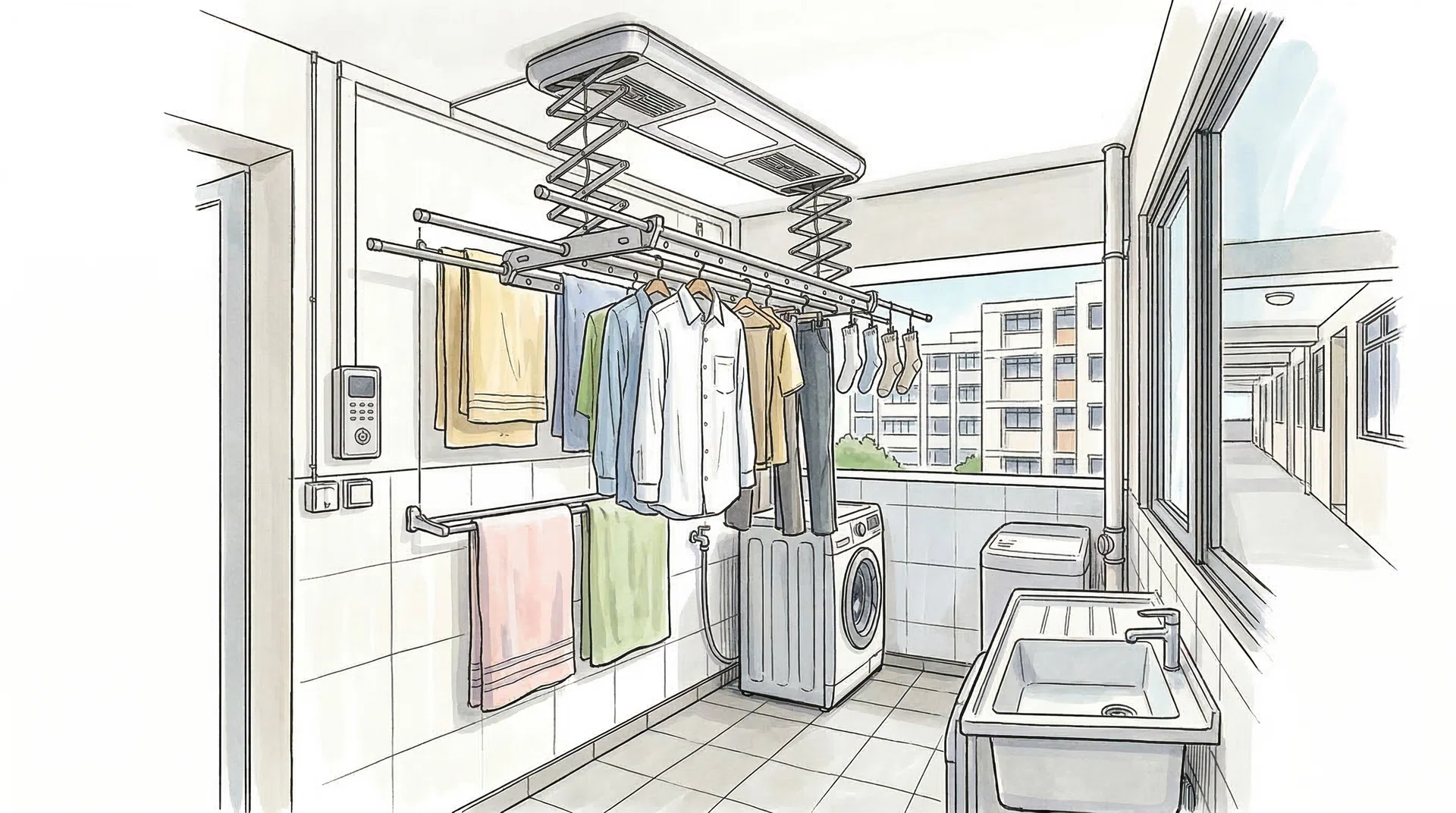 A drawing illustration of a Steigen-type of electric clothes drying rack in the service yard of a HDB BTO.