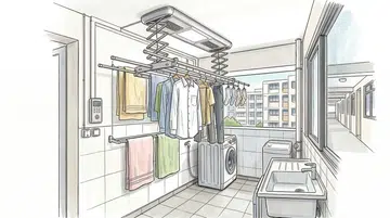 A drawing illustration of a Steigen-type of electric clothes drying rack in the service yard of a HDB BTO.