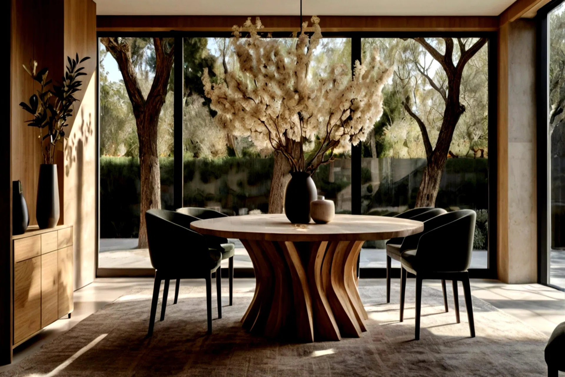 Interior of a modern dining room with wooden table and black chairs.