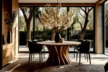 Interior of a modern dining room with wooden table and black chairs.