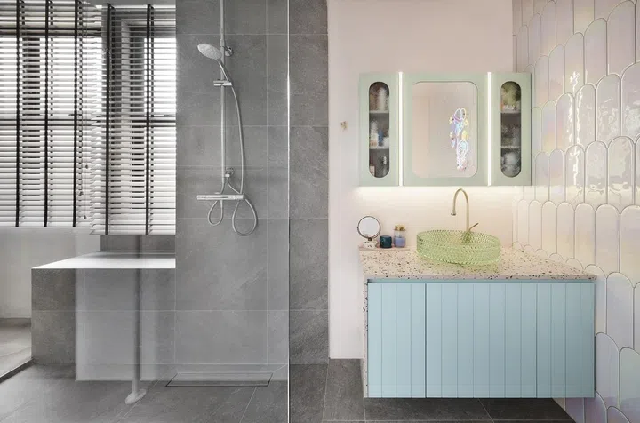 Eclectic vintage bathroom in this 2-bedroom walk-up apartment along East Coast Road.