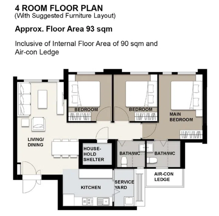 Yishun Chencharu Vines BTO 4-room (93 sqm) floor plan.