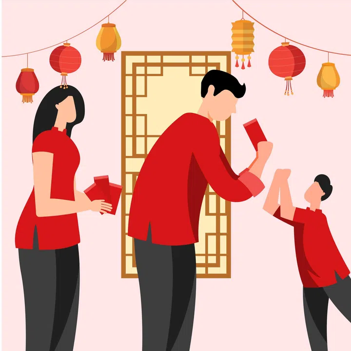 Chinese New Year celebration. Man and woman holding red envelopes with Chinese lanterns. Vector illustration.