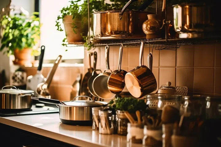 Kitchen utensils on the countertop in a modern kitchen.