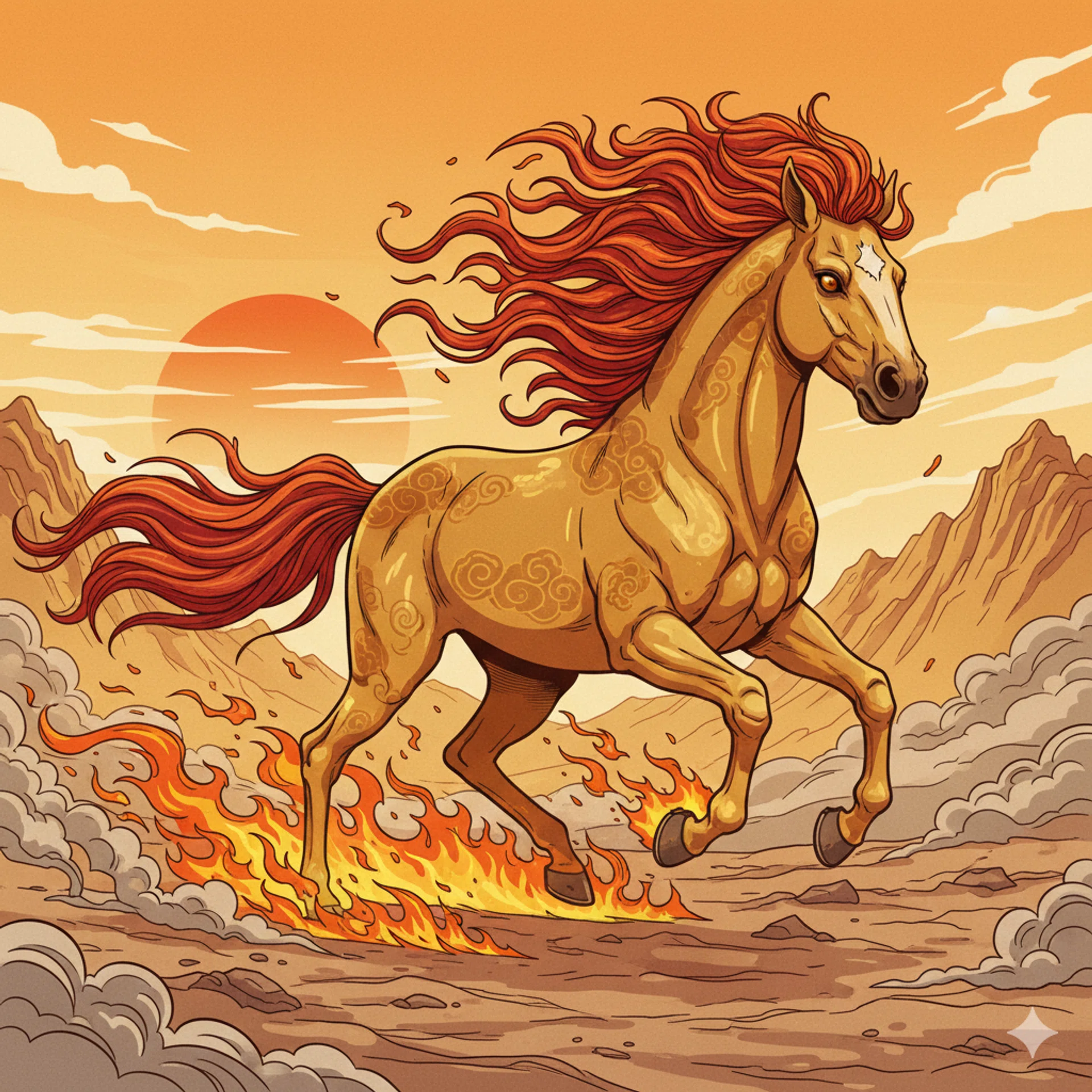 A drawing illustration of a horse galloping and fire under him.