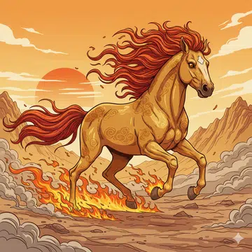 A drawing illustration of a horse galloping and fire under him.
