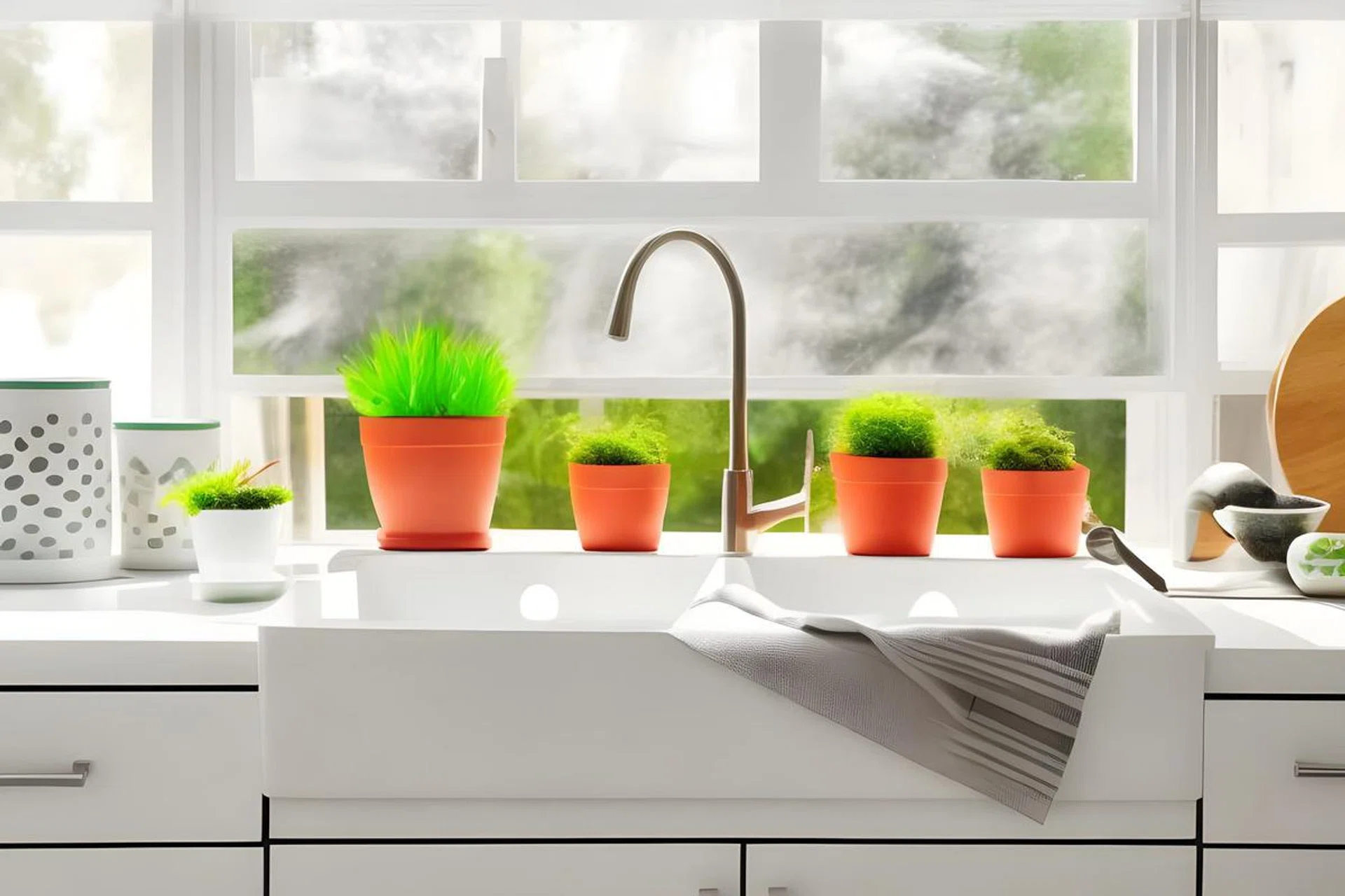 Beautiful potted plants on countertop near window in kitchen. Image 123RF