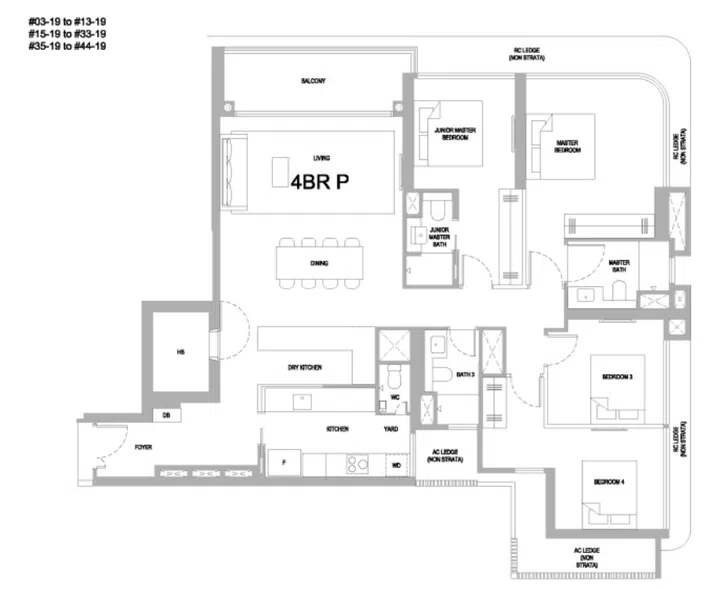One Marina Gardens 4-bedroom premium (Type 4BR P) floor plan 153 sqm for units from #03-19 to #13-19, #15-19 to #33-19, and #35-19 to #44-19.