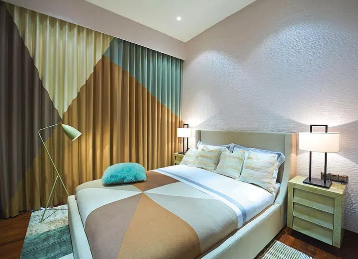 The curtains in another bedroom are custom-made, inspired by fashion and specific geometric trends that the clients like