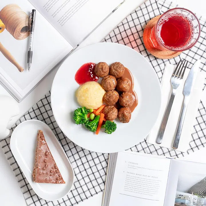 IKEA Swedish meatballs, served with an Almond crunchy chocolate cake and a refillable drink