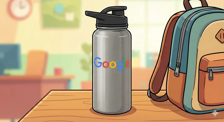 A cartoon drawing of a tumbler bottle with a “Google” logo on it.
