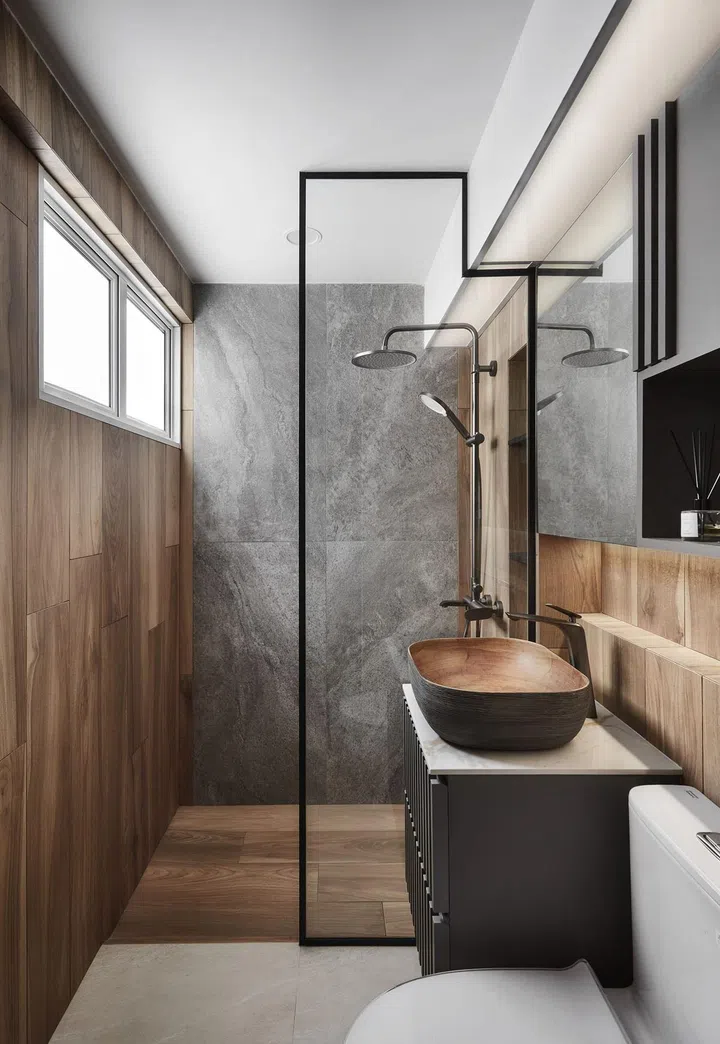 Timber-look tiles in the master bathroom in this 1,303 sq ft Tampines 5-room HDB.